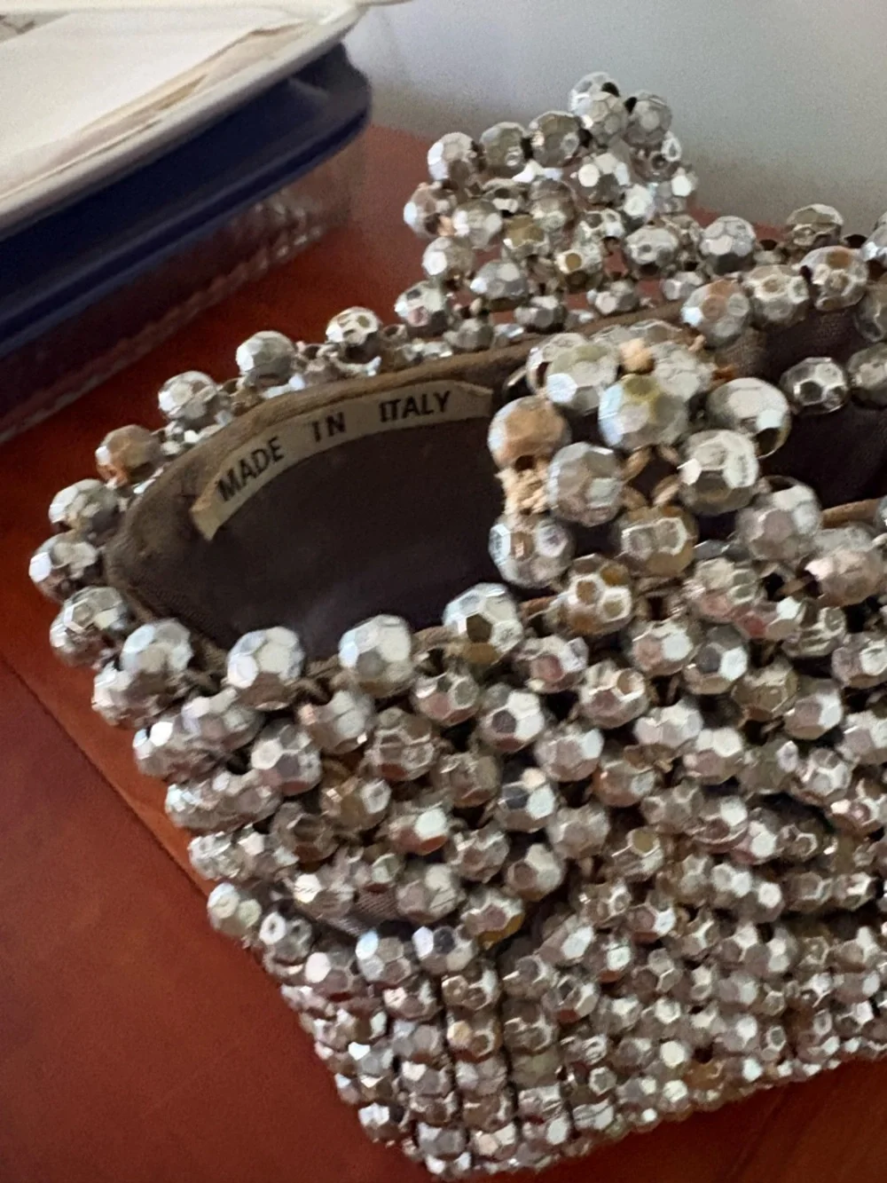 Y2K Silver Beaded Mini Bag Italy Metallic Evening Purse Vintage Glam - Picture 5 of 10